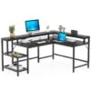 Lee Industrial L-Shaped Desk With Storage Shelves, Corner Computer Desk PC Laptop Study Table Workstation - Black