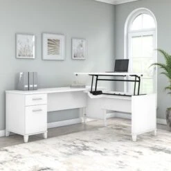 Bush Somerset 72W 3 Position Sit To Stand L Shaped Desk In Ash Gray - White