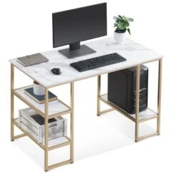 Mcombo Computer Gaming Desk Office Desk With 3-Tier Shelves, White Desk For Small Space, Gaming Desk With CPU Stand, Vanity Desk - Golden White