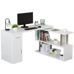 HOMCOM L-Shaped Rotating Computer Desk Home Office Study Workstation With Storage Shelves, Cabinet And Drawer For Home & Office - White -Felloweis Store f0ace8ed 9349 446e a905 a7cb71b7757f