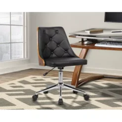 Diamond Mid-Century Office Chair In Chrome Finish With Tufted Black Faux Leather And Walnut Veneer Back -Felloweis Store f7d233e9 8815 4613 8678 75a2eb49e8db