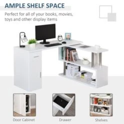 HOMCOM L-Shaped Rotating Computer Desk Home Office Study Workstation With Storage Shelves, Cabinet And Drawer For Home & Office - White -Felloweis Store fb3a1599 2892 46ba be1f 54d61066bf4c