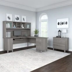 Somerset 72W L Shaped Desk With Hutch And Lateral File Cabinet - Platinum Gray