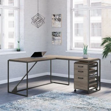 Refinery 62W L Shaped Industrial Desk With Drawers By Bush Furniture - Rustic Gray/Charred Wood 2 Refinery 62W L Shaped Industrial Desk With Drawers By Bush Furniture - Rustic Gray/Charred Wood - Image 2